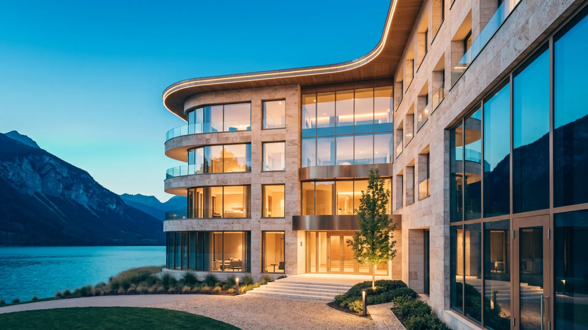 Fiktives Boutique-Luxushotel am See in der blauen Stunde