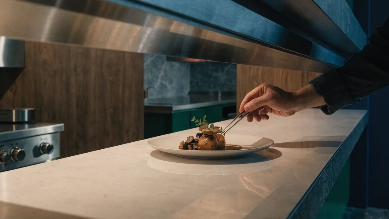Beispielgericht am offenen Pass eines fiktiven Restaurantbereichs