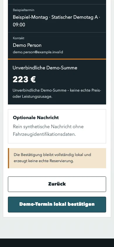 Mobile view of the Fahrzeugpflege Booking concept showing its service and appointment journey on a narrow screen.