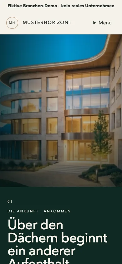 Mobile view of the Hotel Premium concept with its hospitality story and booking journey adapted to a narrow screen.